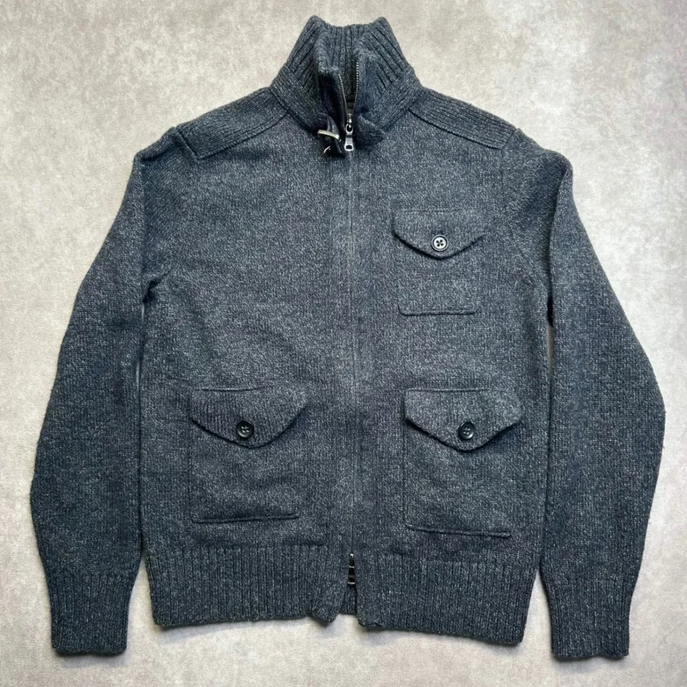 Banana Republic Mens S Lambswool Full Zip Mock Neck Toggle Cardigan Sweater Gray